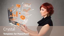  Presentation with statistics - Amazing PPT layouts having beautiful young lady holding laptop with graphs and statistics backdrop and a coral colored foreground