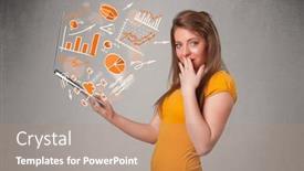  Presentation with statistics - PPT layouts with beautiful young lady holding laptop with graphs and statistics background and a coral colored foreground