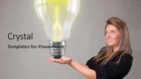  Presentation with realistic - Theme with beautiful young lady holding realistic 3d light bulb background and a light gray colored foreground