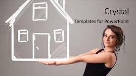  Presentation with lady - Amazing slide deck having beautiful young lady holding a huge drawn house backdrop and a light gray colored foreground