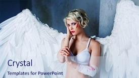  Presentation with wounds - Audience pleasing slides consisting of beautiful young model wearing white underwear with angel wing and with wounds on her cheek and arm in the studio backdrop and a sky blue colored foreground