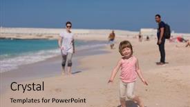  Presentation with ocean - Audience pleasing PPT theme consisting of beautiful young mother and cute little girl are enjoying while running on exotic beach along the ocean travel and vacations backdrop and a coral colored foreground