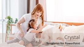  Presentation with family pet - Audience pleasing PPT theme consisting of beautiful-young-mother-sitting backdrop and a soft green colored foreground