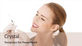  Presentation with needle - Slide set having beautiful young nurse or doctor with needle shot ready to apply isolated on white background and a coral colored foreground