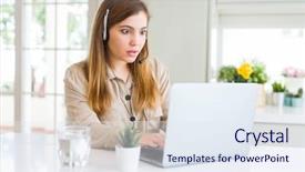  Presentation with working - Presentation design consisting of beautiful young operator woman working background and a sky blue colored foreground