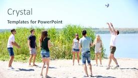  Presentation with beach volleyball - PPT theme consisting of beautiful young people playing volleyball on beach background and a cool aqua colored foreground