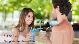  Presentation with people talking - Audience pleasing presentation theme consisting of beautiful young people talking in a beach bar backdrop and a coral colored foreground