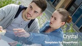  Presentation with people talking - Colorful slide deck enhanced with beautiful young people talking at bar terrace backdrop and a teal colored foreground