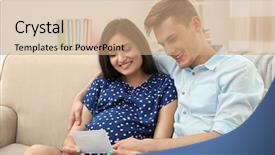  Presentation with ultrasound - Amazing slide deck having beautiful young pregnant couple looking at ultrasound image while sitting on sofa backdrop and a coral colored foreground