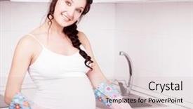  Presentation with pregnant woman cleaning - Beautiful presentation featuring beautiful young pregnant woman cleaning backdrop and a lemonade colored foreground