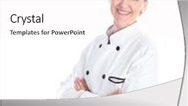  Presentation with chef - Slide set having beautiful young professional chef woman isolated over white background background and a white colored foreground
