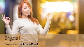  Presentation with relaxation - Amazing PPT theme having beautiful young redhead woman doing ok sign gesture with both hands expressing meditation and relaxation at night backdrop and a coral colored foreground