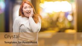  Presentation with wow - PPT layouts consisting of beautiful young redhead woman happy and surprised cheering expressing wow gesture at night background and a coral colored foreground