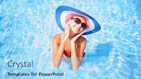  Presentation with swimming - Colorful slides enhanced with beautiful young sexy woman by a swimming pool in greece backdrop and a light blue colored foreground
