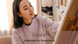  Presentation with artist - Slide deck enhanced with beautiful-young-smiling-asian-woman background and a coral colored foreground