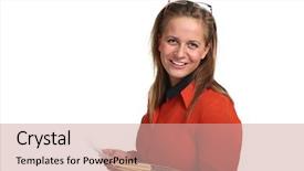  Presentation with files - Presentation theme enhanced with beautiful young smiling business background and a coral colored foreground