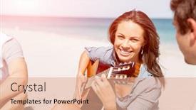  Presentation with guitar - Presentation design with woman playing guitar on beach background and a coral colored foreground