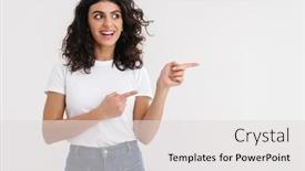  Presentation with space - Beautiful presentation featuring beautiful-young-smiling-woman-pointing backdrop and a light gray colored foreground