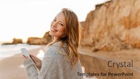  Presentation with walk - PPT theme enhanced with beautiful-young-smiling-woman-wearing background and a coral colored foreground