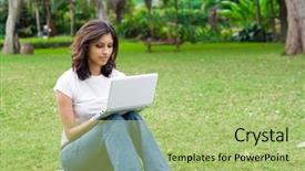  Presentation with laptop - Slides with beautiful young student using laptop background and a mint green colored foreground