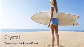  Presentation with waves - Cool new PPT layouts with beautiful young surfer girl checking the waves backdrop and a lemonade colored foreground