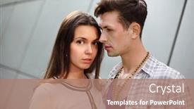  Presentation with stand - PPT theme with beautiful young thoughtful man and woman stand near gray wall focus on woman background and a coral colored foreground