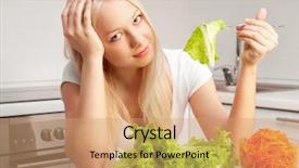  Presentation with ready to eat salad - PPT layouts enhanced with beautiful young unhappy woman eating background and a  colored foreground