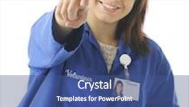  Presentation with volunteer - PPT theme consisting of beautiful young volunteer happily pointing at the viewer inviting him her to volunteer too focus on girl's eyes on a white background background and a ocean colored foreground