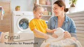  Presentation with woman child - Slide set enhanced with smiling while doing laundry background and a soft green colored foreground