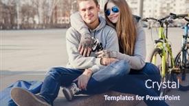  Presentation with bike - Presentation design enhanced with beautiful young woman and young man with bike in the city background and a ocean colored foreground