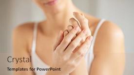  Presentation with aging skin - Slides having beautiful-young-woman-applying-cosmetic background and a coral colored foreground