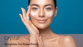  Presentation with cosmetic - Slide set with beautiful-young-woman-applying-cosmetic background and a coral colored foreground