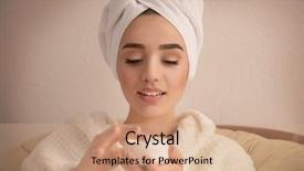  Presentation with spa salon - Presentation design consisting of beautiful young woman applying cream onto skin in spa salon background and a coral colored foreground