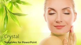  Presentation with organic cosmetics - PPT layouts featuring beautiful young woman applying organic cosmetics to her skin background and a yellow colored foreground