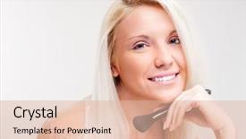  Presentation with powder - Theme having beautiful young woman applying powder on her face background and a lemonade colored foreground