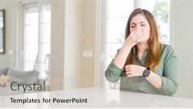  Presentation with bad breath - Slide set featuring beautiful young woman at home smelling something stinky and disgusting intolerable smell holding breath with fingers on nose bad smells concept background and a soft green colored foreground