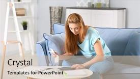  Presentation with taxes - Theme enhanced with beautiful young woman calculating taxes at home background and a soft green colored foreground