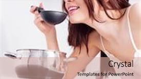  Presentation with dinner - PPT theme having beautiful young woman cooking dinner in the kitchen background and a coral colored foreground
