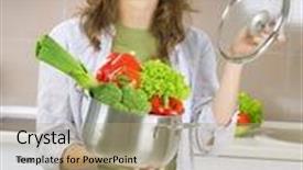  Presentation with cooking - Presentation theme featuring beautiful young woman cooking fresh vegetables dieting concept vegetarian food background and a coral colored foreground