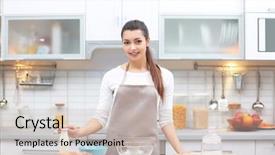  Presentation with cooking - Beautiful presentation theme featuring beautiful young woman cooking backdrop and a soft green colored foreground