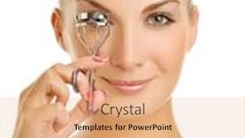  Presentation with curling - Presentation design having beautiful young woman curling her eyelashes isolated on white background background and a coral colored foreground