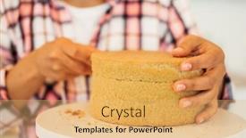  Presentation with cake - Slides enhanced with beautiful-young-woman-cuts-cake background and a yellow colored foreground