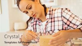  Presentation with cake - PPT theme having beautiful-young-woman-cuts-cake background and a coral colored foreground