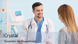  Presentation with doctor office call center - Colorful PPT layouts enhanced with beautiful young woman at doctor' backdrop and a light blue colored foreground