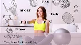  Presentation with diversity - Slide deck enhanced with beautiful young woman doing exercise with dumbbells at home sport lifestyle concept diversity of sport icons on background background and a soft green colored foreground