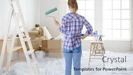  Presentation with wall - Amazing slide set having beautiful-young-woman-doing-wall backdrop and a light blue colored foreground