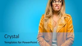  Presentation with blue green future tech business - Colorful presentation enhanced with beautiful young woman doubt expression backdrop and a cyan colored foreground