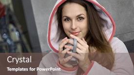  Presentation with hot tea - Beautiful PPT theme featuring beautiful young woman drinking hot tea at home at wintertime backdrop and a violet colored foreground