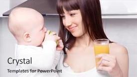  Presentation with orange juice - Presentation enhanced with beautiful young woman drinking orange juice and holding her baby eating an apple in the kitchen background and a white colored foreground