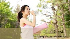  Presentation with workout - Slide set consisting of beautiful young woman drinking water at workout portrait of asian background and a yellow colored foreground